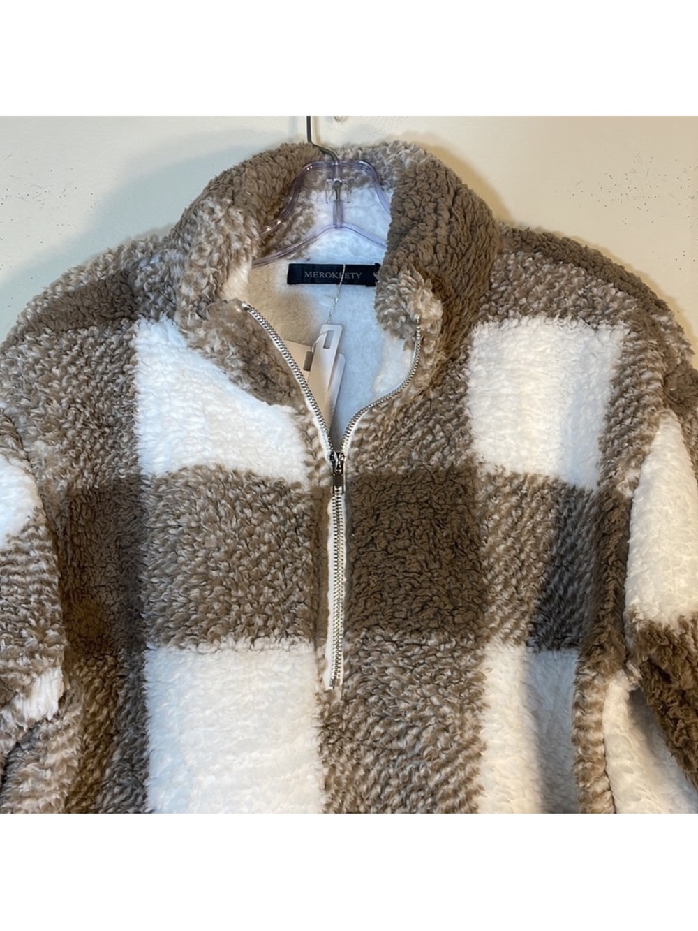 MEROKEETY Classic Plaid Half Zip Sherpa Top. Small. NWT. - Picture 4 of 13